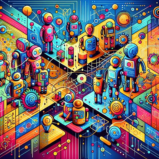 A colorful and engaging illustration depicting artificial intelligence concepts and multi-agent systems, featuring robots interacting in a digital environment with elements of logic and decision-making.