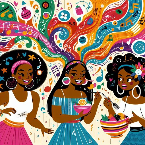 A colorful and vibrant illustration of three sisters with different fashion styles, engaging in fun activities like dancing, eating, and talking, with a whimsical, playful background.