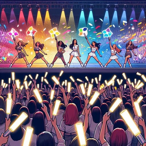 A vibrant and colorful digital artwork featuring the members of (G)I-DLE performing on stage, surrounded by fans cheering and holding light sticks, with a dynamic and energetic atmosphere.