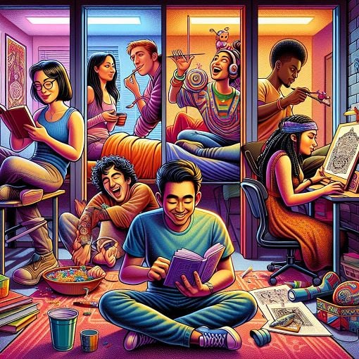 A colorful, humorous illustration of a group of diverse college roommates in a dorm setting, showcasing different personalities and activities such as studying, partying, and relaxing.