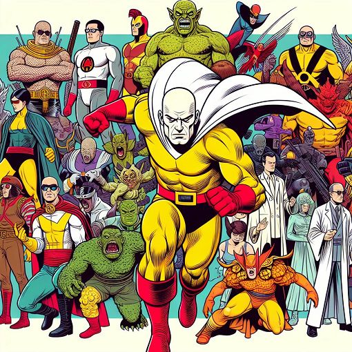 An illustrated scene showcasing Saitama and his allies in action, surrounded by iconic villains and monsters from One Punch Man, with an engaging and colorful design.