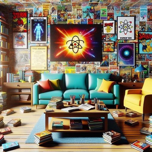 Create an image of a colorful living room with geeky decor, including comic books, science posters, and a couch, inspired by the style of The Big Bang Theory.