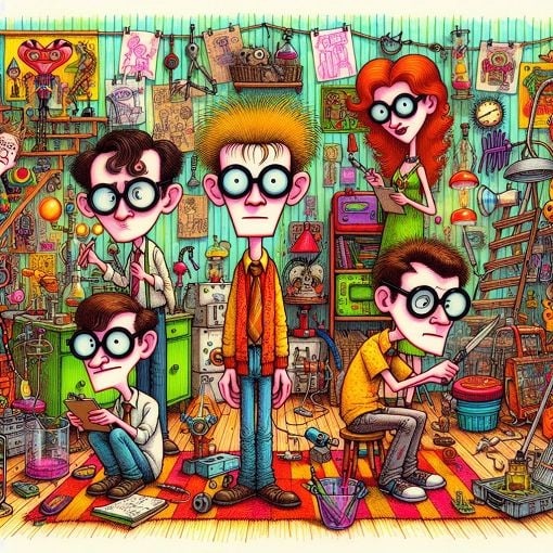 A colorful and playful illustration of the main characters from The Big Bang Theory engaging in scientific experiments in a living room filled with quirky decorations and comic books.