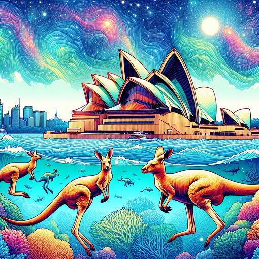 A vibrant illustration of Australia's landscape featuring iconic elements like the Sydney Opera House, kangaroos, and the Great Barrier Reef under a bright blue sky.