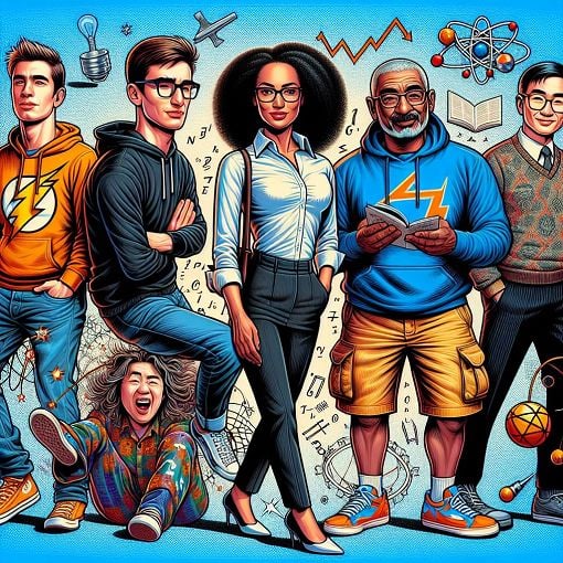 A colorful and vibrant illustration featuring elements from The Big Bang Theory, including the iconic characters, scientific symbols, and humorous references to pop culture.