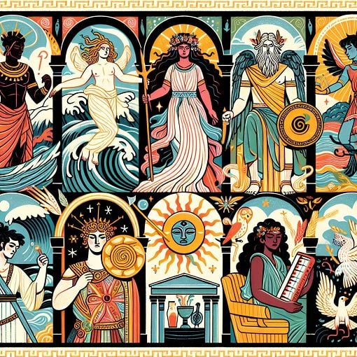 A captivating illustration depicting various Greek gods and goddesses with elements representing their realms (day, night, forests, companionship) in a vibrant, mythical landscape.