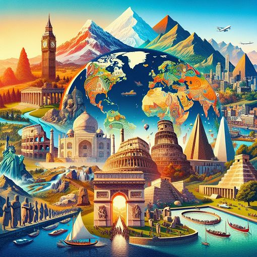 A vibrant collage of iconic landmarks from various countries around the world, showcasing diverse cultures and landscapes.