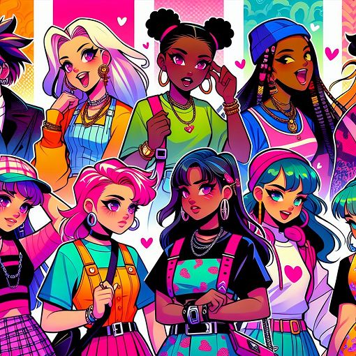 A vibrant and colorful illustration depicting various anime-style lesbian characters showcasing diverse personalities and styles, with playful backgrounds that hint at different lifestyles and relationships.