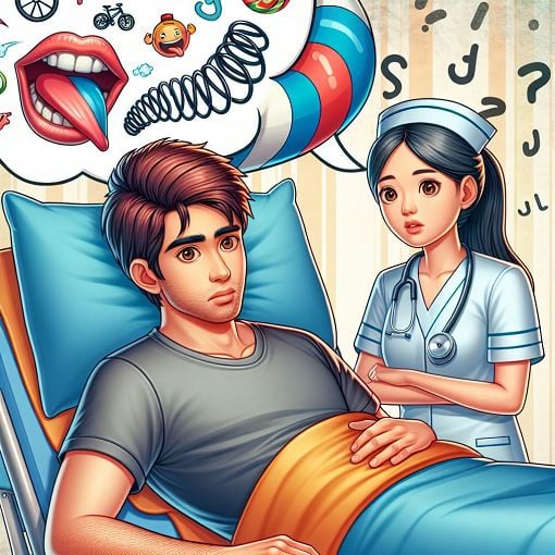 A cartoon illustration of a young man in a hospital bed, with a nurse nearby looking concerned, and images of a bicycle and tongue twisters in the background, in a colorful, engaging style.