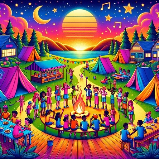 A colorful illustration depicting a lively summer camp scene with tents, kids engaged in various activities like lip sync battles, dining, and evening campfires. Include elements like trees, stars, and a vibrant sunset to capture the essence of summer camp fun.