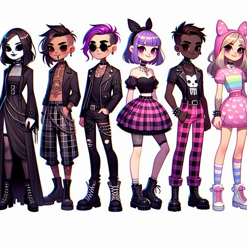 A vibrant and colorful illustration featuring different alternative fashion styles inspired by goth, punk, and kawaii cultures, with a whimsical, cartoon-like flair.