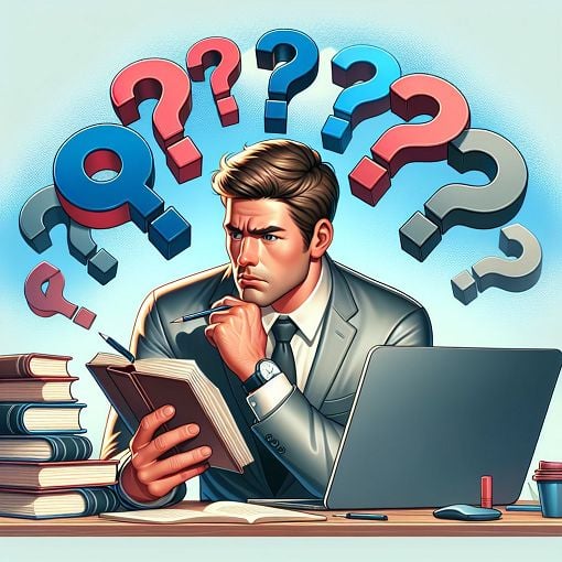 A colorful illustration of a person taking a grammar quiz, surrounded by books and a laptop, with question marks in the air to represent confusion or the process of learning.