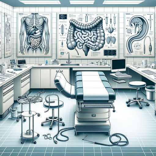 Create a detailed illustration of a medical examination room with anatomical charts depicting the appendix, a surgical table, and medical tools, set in a professional healthcare environment.