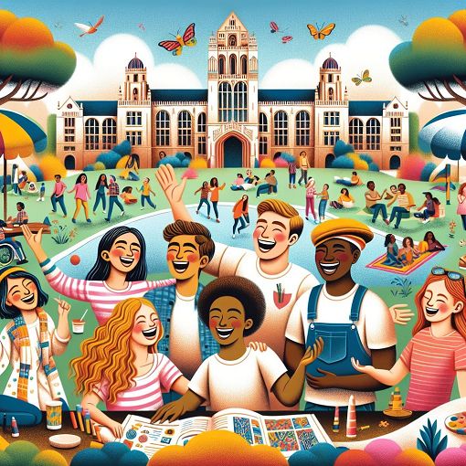 A whimsical, colorful illustration of a diverse group of friends participating in a fun community event, laughing and enjoying various activities, with a backdrop of university buildings and nature.