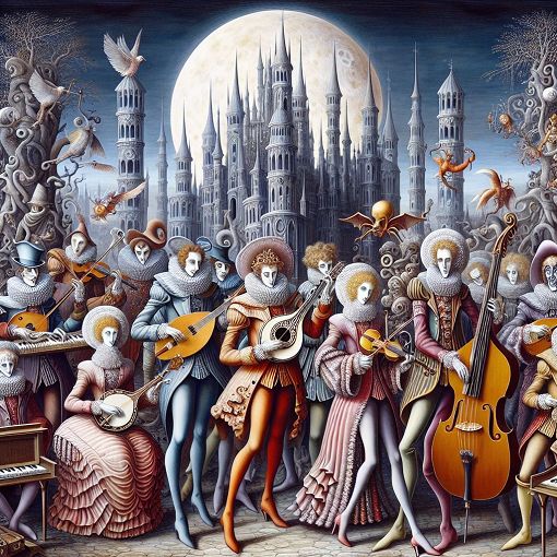 A whimsical, gothic-inspired illustration featuring musical instruments, a mysterious castle, and members of a fictional band styled after Malice Mizer, with elements of fantasy and elegance.