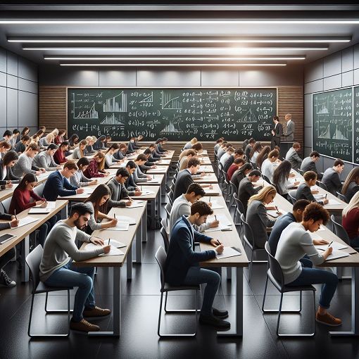 A classroom setting with a chalkboard displaying accounting equations and students taking a quiz, in a modern style