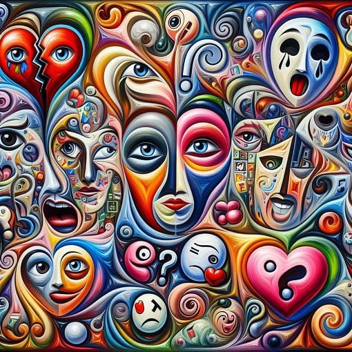 An abstract representation of different personality traits with vivid, chaotic colors, featuring various symbols like broken hearts, smiles, and question marks, in a surreal style.