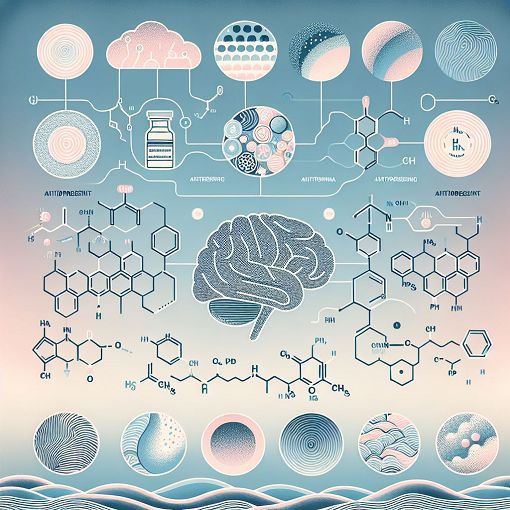 A detailed illustration of different antidepressants and their mechanisms of action, including chemical structures and brain pathways, set against a calming background.