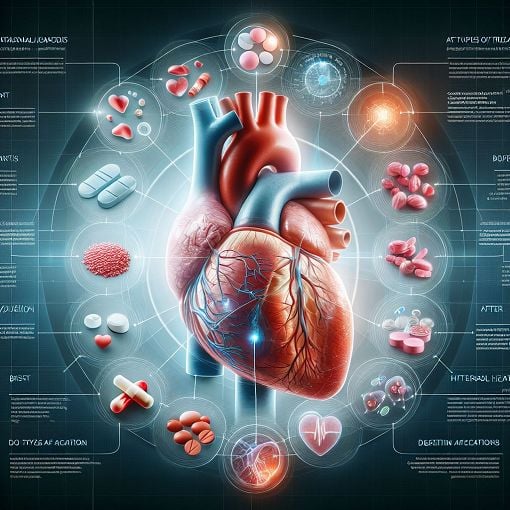 A medical illustration depicting congestive heart failure and its treatments, showcasing various medications and their effects on the heart and patient health.