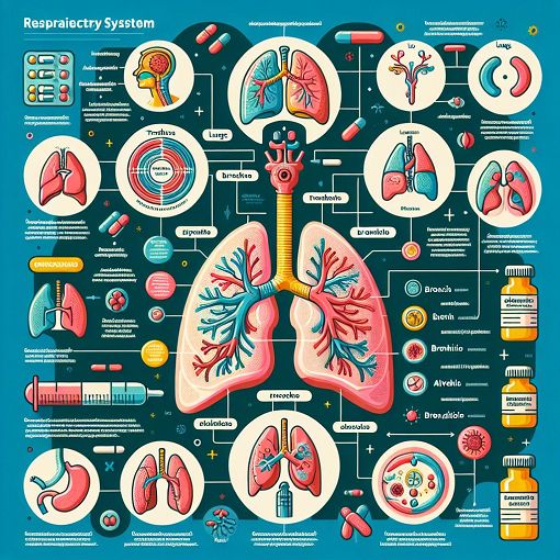 A detailed infographic illustrating the human respiratory system with labeled organs and common medications used for respiratory conditions, in an educational and visually appealing style.