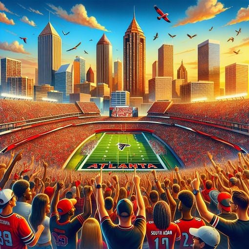 A vibrant illustration depicting the sunny skyline of Atlanta, with a football stadium in the foreground, featuring fans in Falcons gear, cheering passionately during a game.