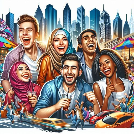 An illustration of diverse friends having fun together, showcasing expressions of excitement and laughter in a vibrant urban setting.