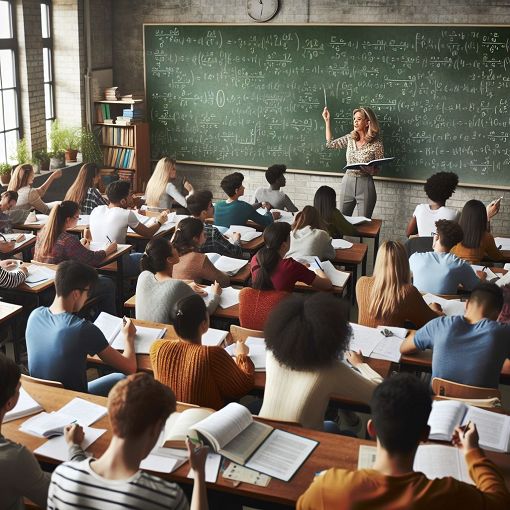 A vibrant illustration of a classroom with students studying for an exam, books and papers scattered, a chalkboard with mathematical equations, and an enthusiastic teacher guiding them.