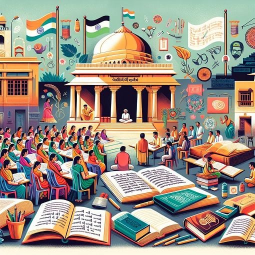 A vibrant and engaging illustration depicting elements of Gujarat literature, village governance, and examination preparation materials, with a cheerful and academic atmosphere.