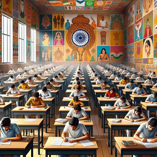 A vibrant classroom setting with students taking an exam, decorated with Indian cultural posters and symbols, emphasizing education and governance.