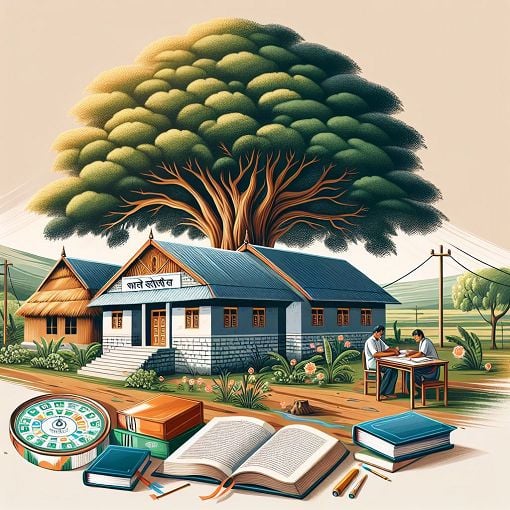 A vibrant and educational illustration representing Indian village governance, showcasing elements like panchayat buildings, rural landscapes, and exam preparation themes.