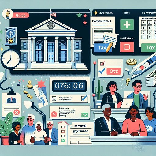 Create an educational-themed image depicting a virtual quiz setting, incorporating elements related to community governance and public administration.