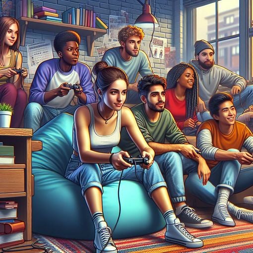 An illustrated scene of a college dorm with students engaged in various activities like gaming, hanging out, and enjoying each other’s company, vibrant and lively atmosphere.