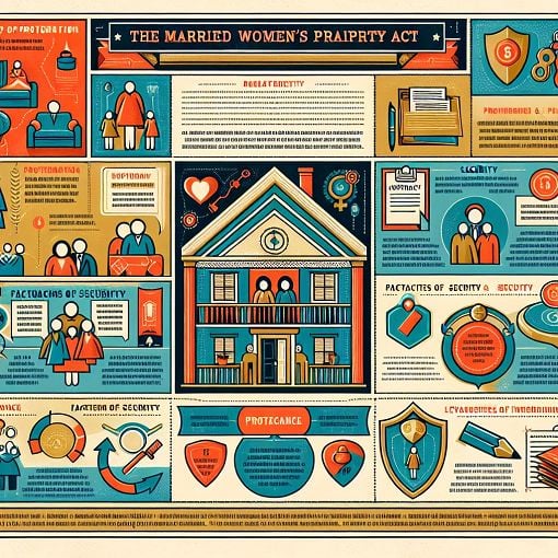 A visually engaging infographic illustrating the concept of the Married Women’s Property Act with symbols of family, security, and insurance.