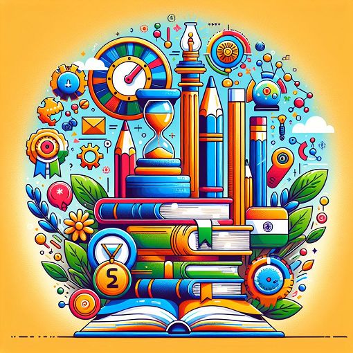 A vibrant and engaging illustration representing a quiz format related to Indian culture and history, featuring symbols of education, competitive exams, and community governance.