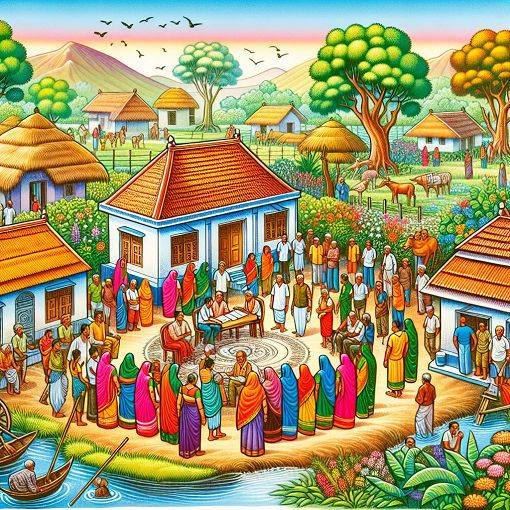 A colorful illustration representing the Indian Panchayati Raj system, featuring vibrant local governance scenes, rural areas, and community involvement.