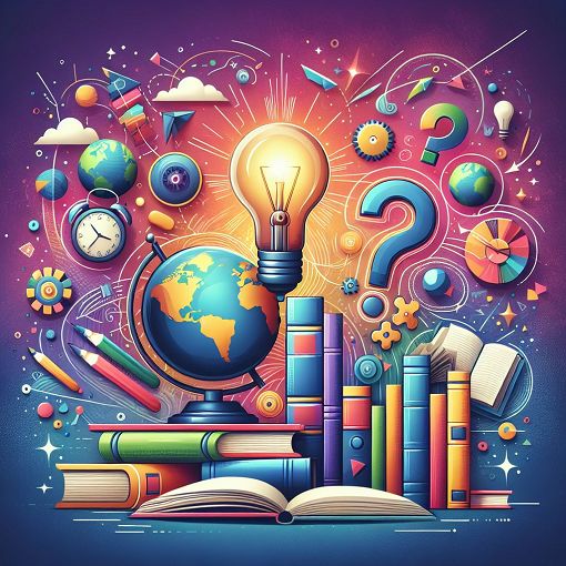 A vibrant and engaging illustration featuring elements of general knowledge such as books, question marks, a globe, and a lightbulb, set against a colorful background that inspires curiosity and learning.