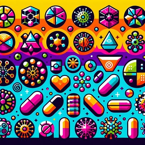 A vibrant illustration depicting various antiviral medications and their uses, with icons representing viruses like hepatitis, CMV, and influenza, set against a colorful background.