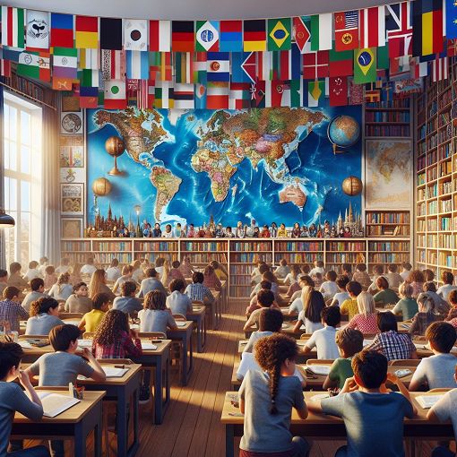 Create an image of a classroom with students engaged in a quiz, displaying elements of current affairs and general knowledge, including maps, flags, and books.