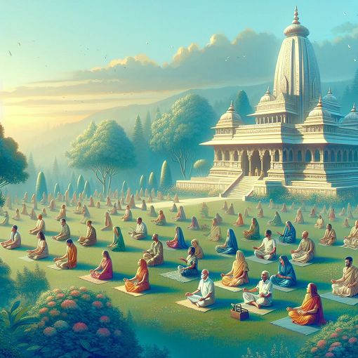 Create an illustration depicting a serene temple setting with devotees engaged in prayer and meditation, representing spiritual knowledge and community in the context of Bhagwat Dharma.