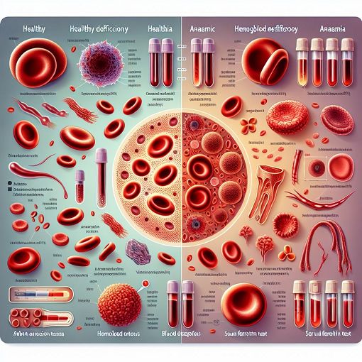 A medical illustration depicting different types of anaemia, showcasing healthy red blood cells alongside various anaemic conditions and blood tests.