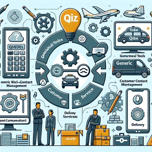 A visually appealing graphic showing a quiz environment with elements related to Uber's internal tools, contact management, and delivery services. Include icons or illustrations representing technology, customer service, and team collaboration.