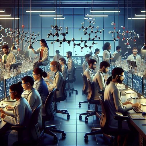 Generate an image of a chemistry lab with various alkyne compounds and molecular models being analyzed by students in a modern setting.