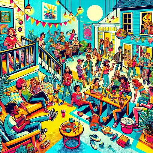 A colorful college dorm room with quirky decor, a group of friends hanging out on a porch, laughing and playing games, capturing a lively campus atmosphere.