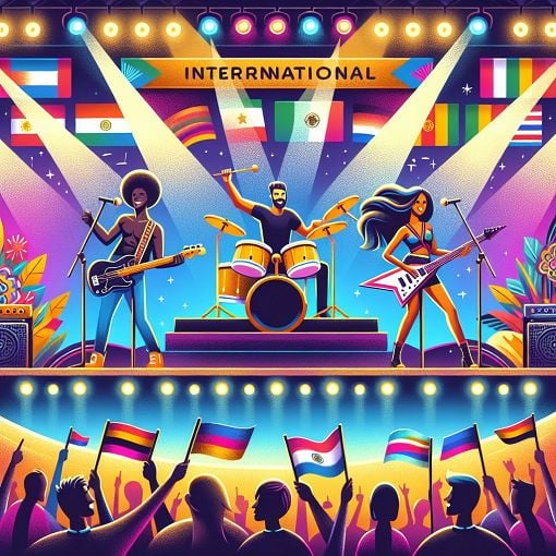 A vibrant and colorful illustration of a Eurovision stage with lively performers, bright lights, and flags from different countries in the background, celebrating music and diversity.