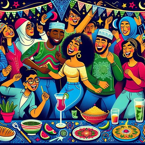 A colorful and vibrant illustration depicting a diverse group of friends enjoying a night out, dancing, and laughing together, with various elements representing different lifestyles and personalities in a playful manner.