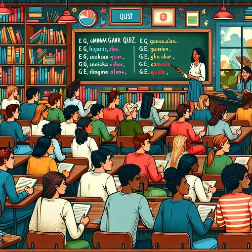 An illustration depicting a classroom setting with students engaged in taking a grammar quiz, surrounded by books and learning materials.