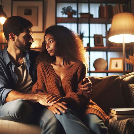 A warm, inviting image of a couple sitting together on a couch, engaged in a deep conversation, with a cozy living room atmosphere, soft lighting, and personal touches reflecting their relationship.