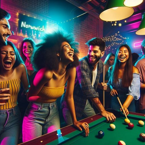 A vibrant and colorful nightlife scene in Norwich, featuring a diverse group of young adults enjoying themselves in a club setting, with neon lights and a lively atmosphere.