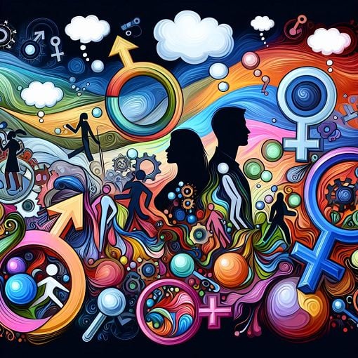 A colorful abstract image representing gender identity, incorporating symbols of masculinity and femininity, with thought bubbles showcasing creativity and individuality.