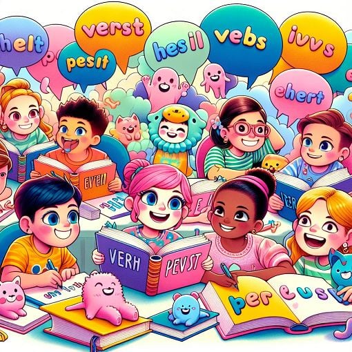 A colorful illustration showing children happily participating in an educational activity about verbs, with playful elements that emphasize the concept of present tense in a fun and engaging way.